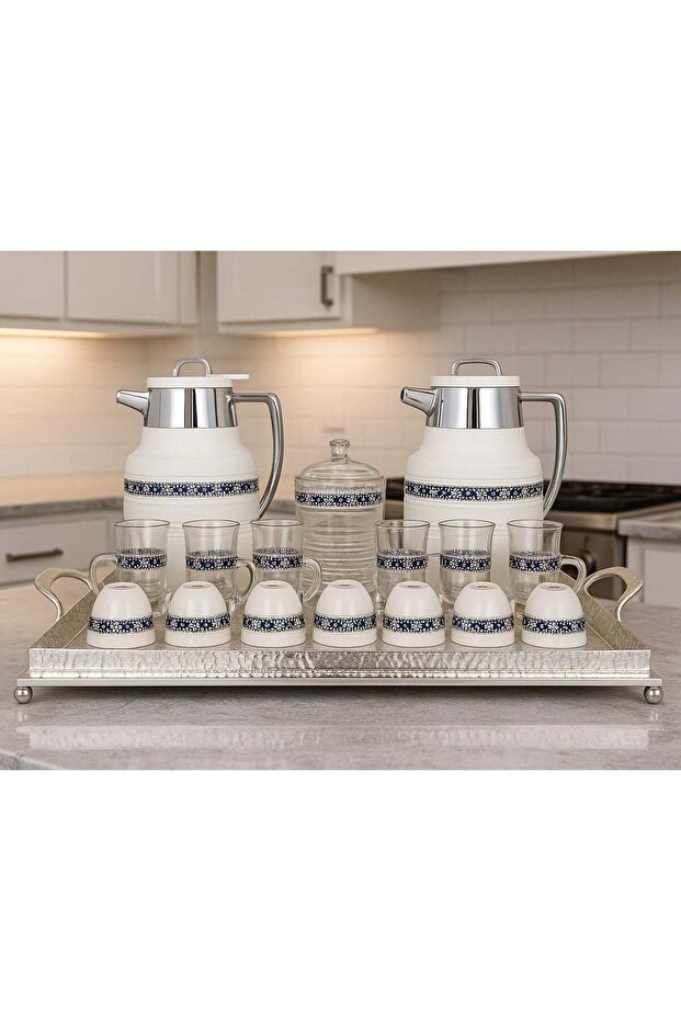 Damanhoor 22-Piece Arabic Tea & Coffee Set - Elegant Silver Design, 12h Heat Retention