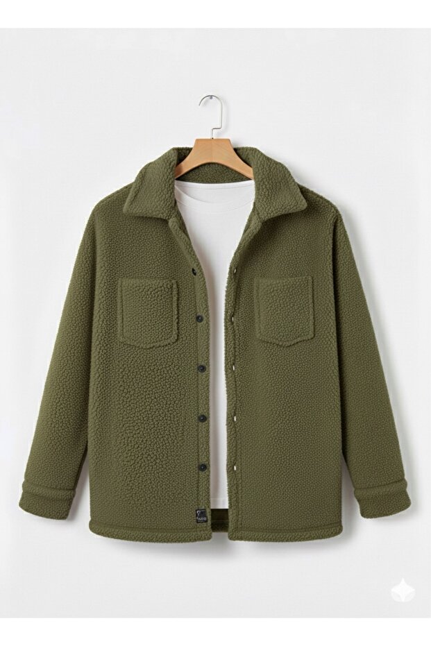 Unisex Plush Shirt Jacket – Pocket Detailed, Winter, Oversized