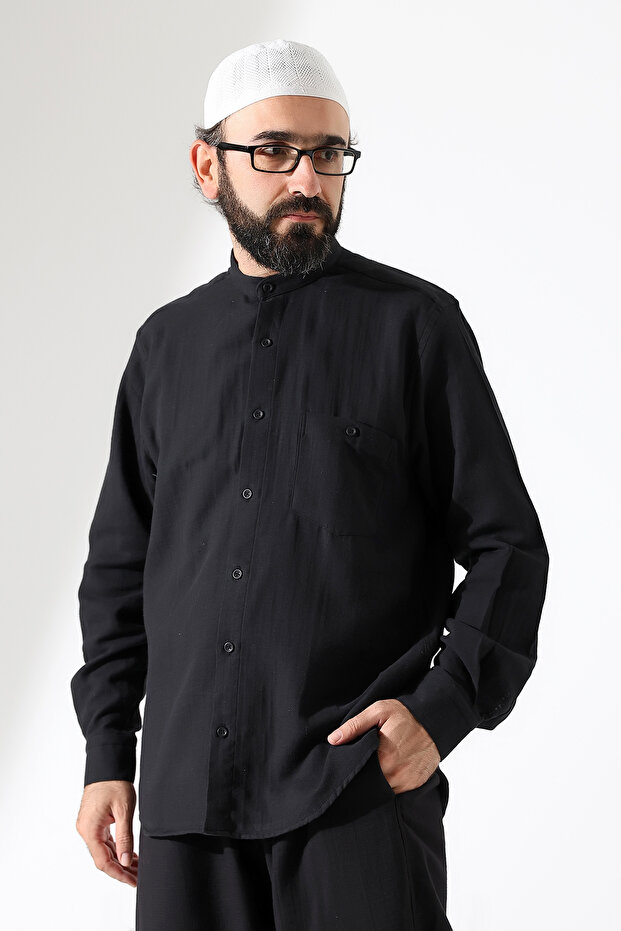 Men's Muslin Judge Collar Long Sleeve Buttoned Hajj Umrah Shirt - Black (Ans)