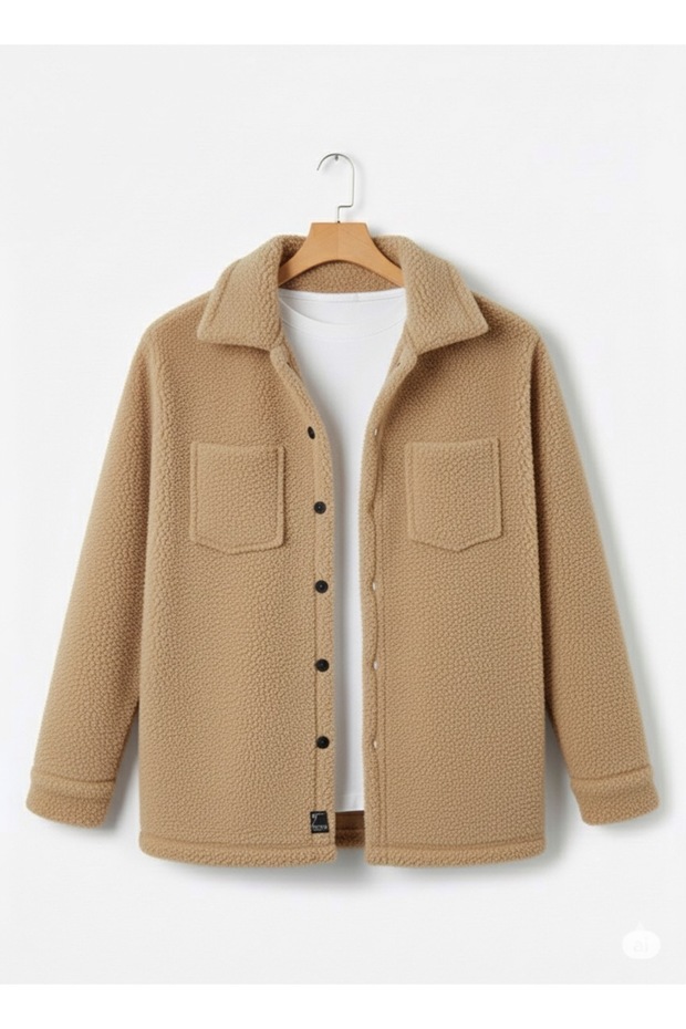 Unisex Plush Shirt Jacket – Pocket Detailed, Winter, Oversized