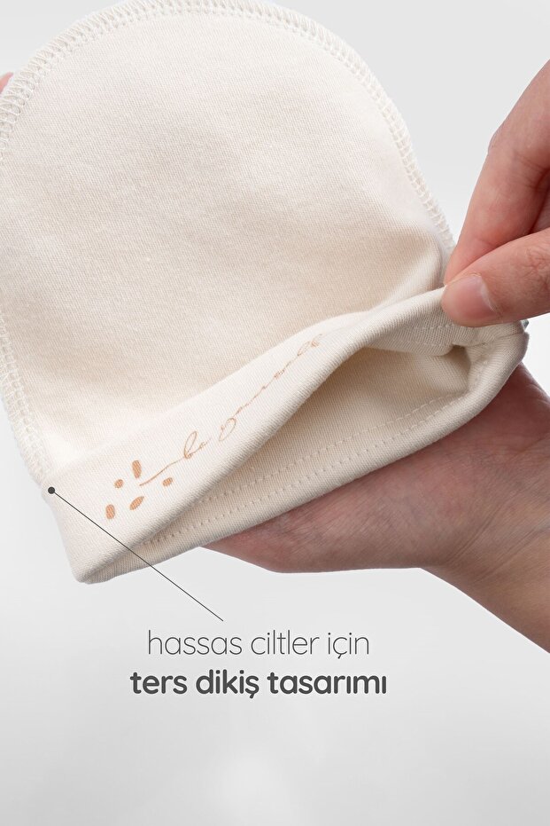 Ters Dikişli Organik Pamuk Ekru Prematüre Şapka - 3