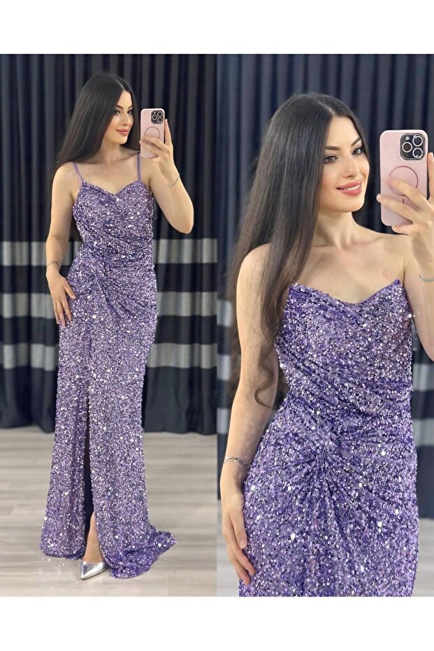 Pullu askılı uzun abiye - 2