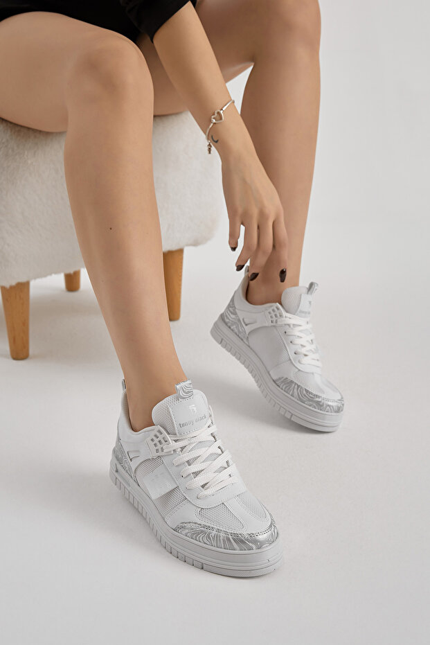 Unisex White Gray Thermo Sole Patterned Mesh Lace-Up Sports Shoes