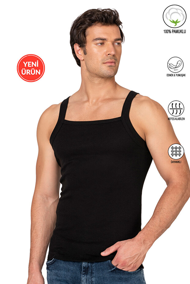 Özkan 11292 Men's 100% Cotton Ribbed Fabric Thin Straps Wide Neckline Undershirt Flexible Soft