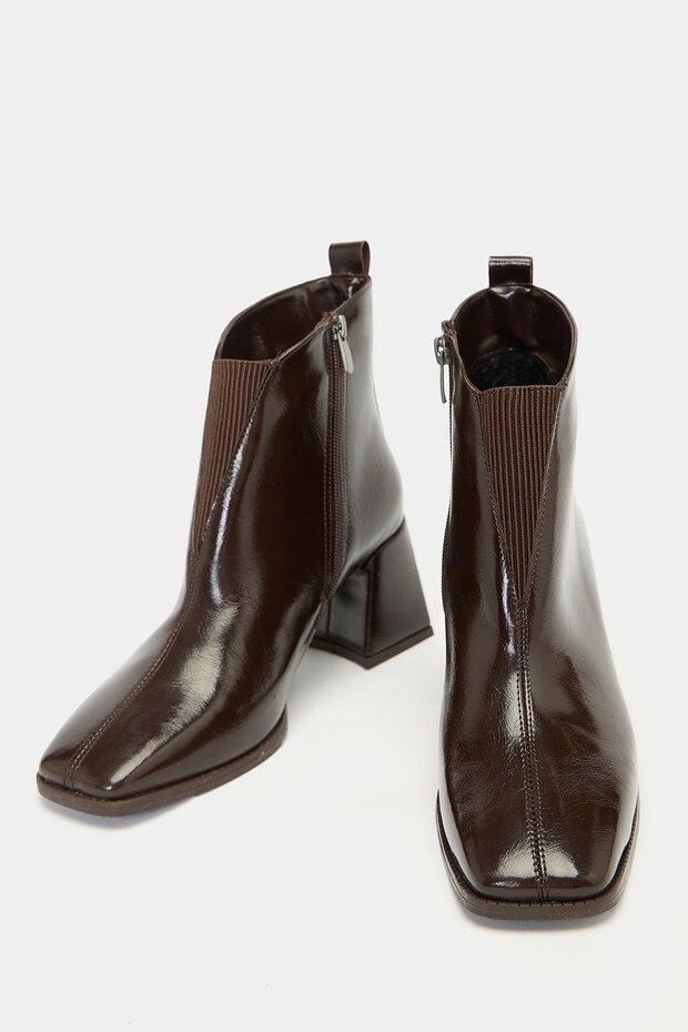 Brown Patent Leather Women's Patent Leather Blunt Toe Heeled Short Boots – Shiny Leather Modern Form