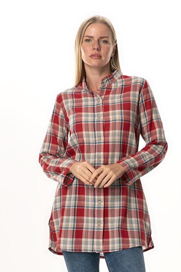 Women's Şile Cloth High Neck Summer Tunic Red Navy Blue Plaid 3057