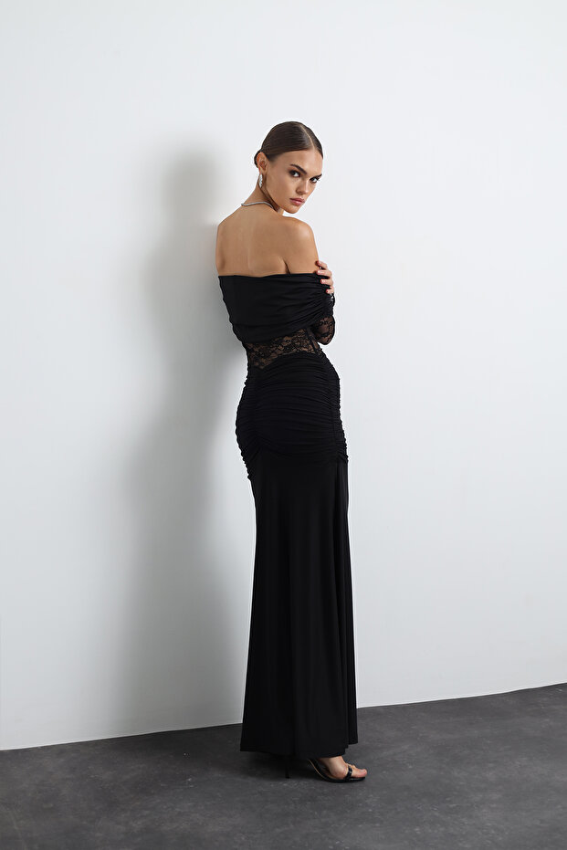 Marne Dantelli Maxi Siyah Elbise - 7