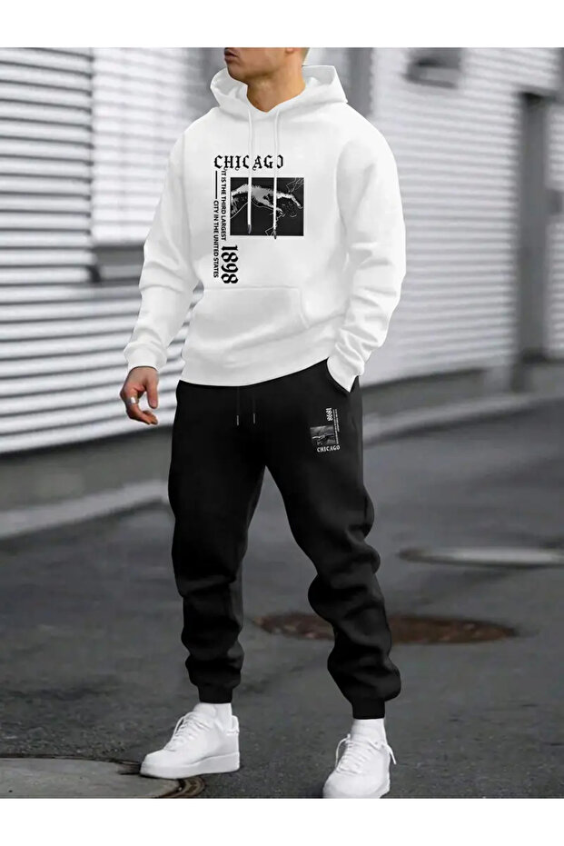 Unisex Men's Women's Chicago El 1898 Printed Oversize 3 Thread Hooded Tracksuit Set