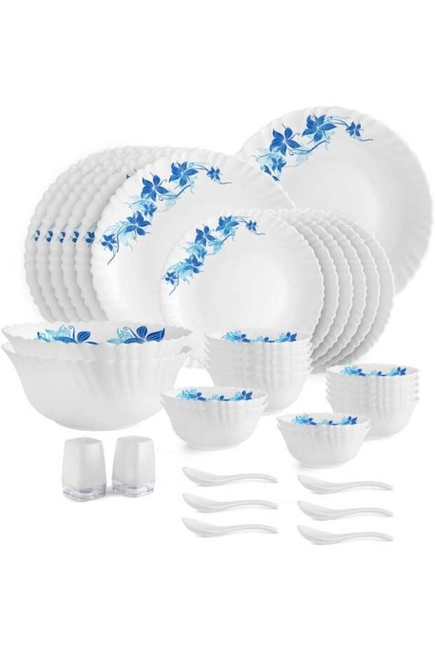 Opalware Dazzle Blue Swirl Dinner Set, 35Pcs, White