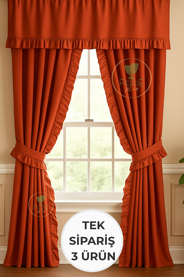 Fırfırlı Perde Takımı – 3’lü Set, Rustik & Korniş Uyumlu - 3