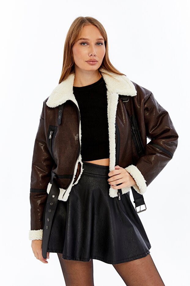 Women's Cropped Leather Jacket with Fur Inside and Buckle Detail, Short Bomber Coat, Winter Suede Look Pilot Coat, Burgundy