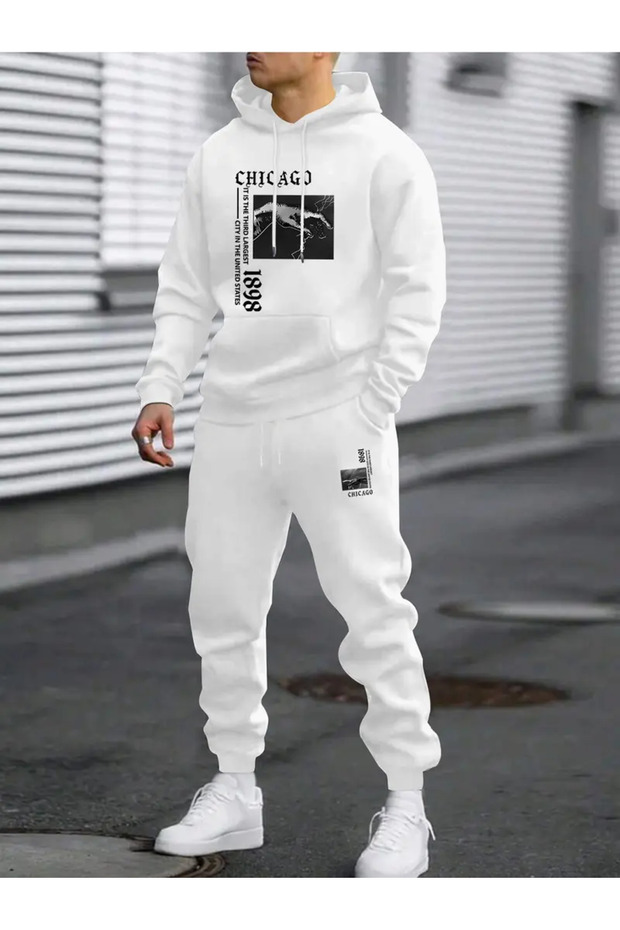 Unisex Men's Women's Chicago El 1898 Printed Oversize 3 Thread Hooded Tracksuit Set