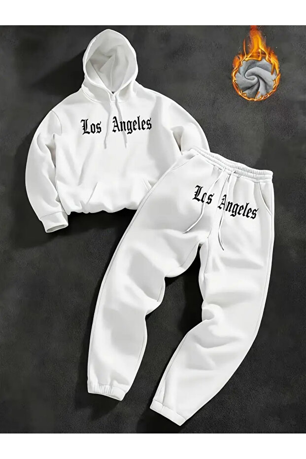 Unisex Men's and Women's Los Angeles Text Printed Oversize 3 Thread Hooded Tracksuit Set