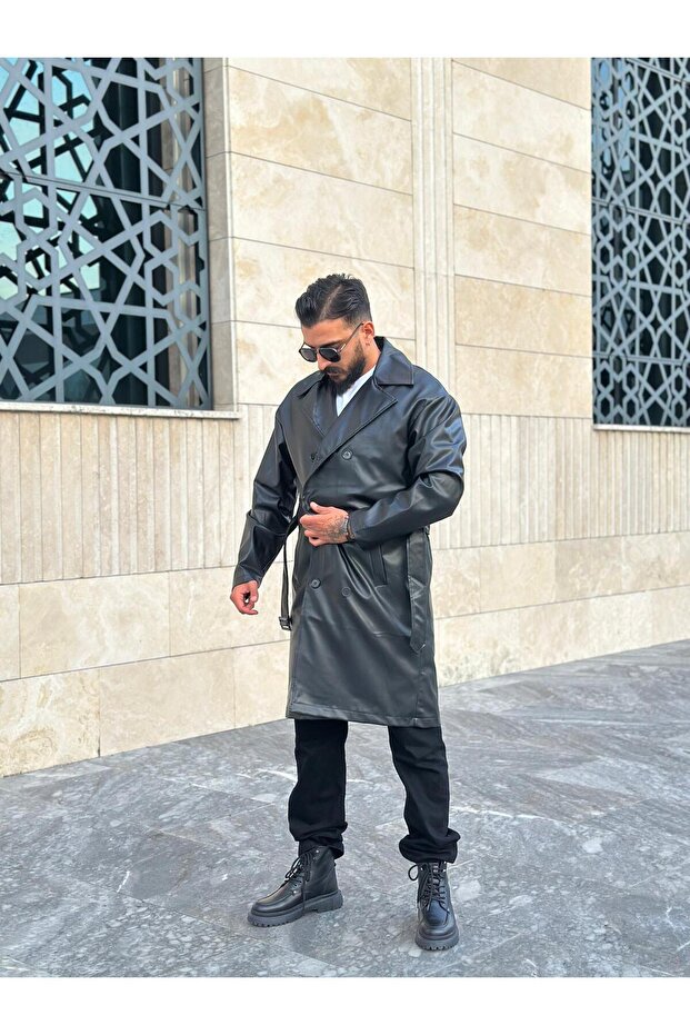 Oversize Astarlı Deri Trençkot - 3