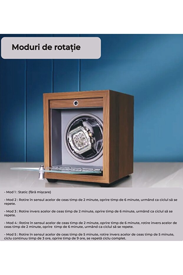 Automatic watch winder, 1 compartment, LED lights, 5 modes, 4 rotation programs, wood finish - 4