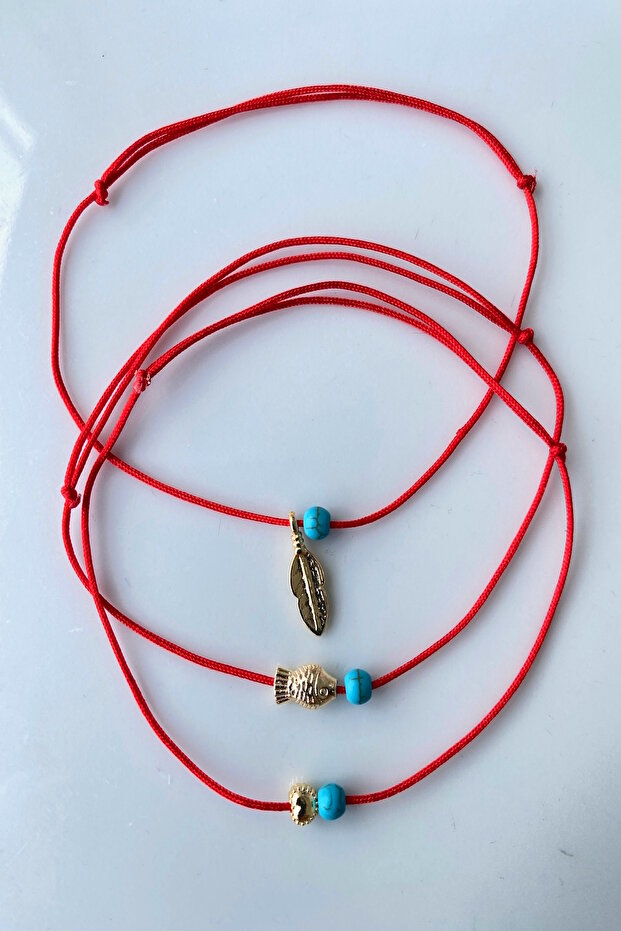 Blue Bead Red String Lucky Bracelet with 3 Gold Objects - 2