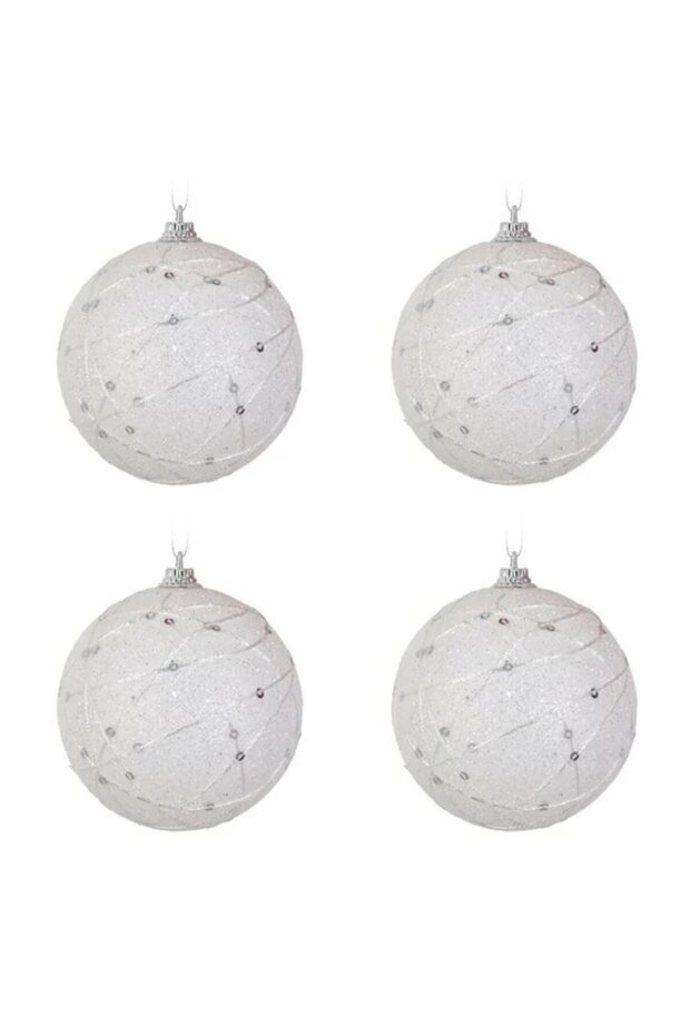 Set of 6 white Christmas tree baubles with string, 8 cm - - 2