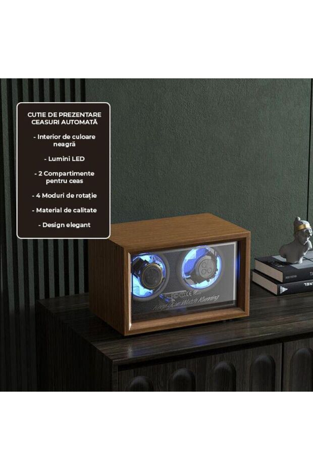 Automatic watch winder, 2 compartments, LED lights, 5 modes, 4 rotation programs, wood finish - 4