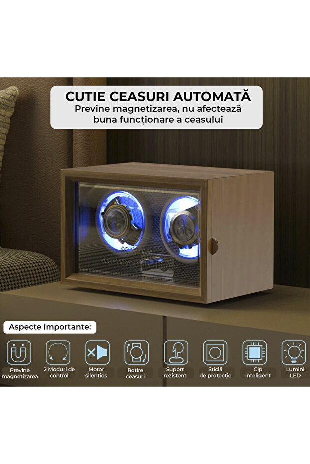 Automatic watch winder, 2 compartments, LED lights, 5 modes, 4 rotation programs, wood finish - 3