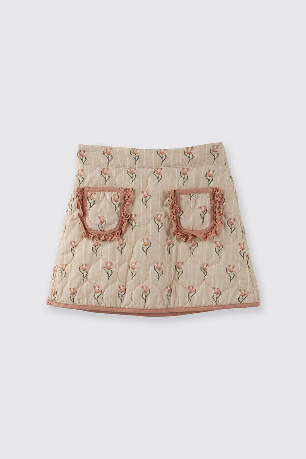 Baby Girl Elastic Waist Tulip Patterned Quilted Beige Skirt