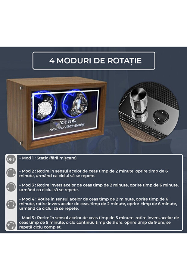 Automatic watch winder, 2 compartments, LED lights, 5 modes, 4 rotation programs, wood finish - 7