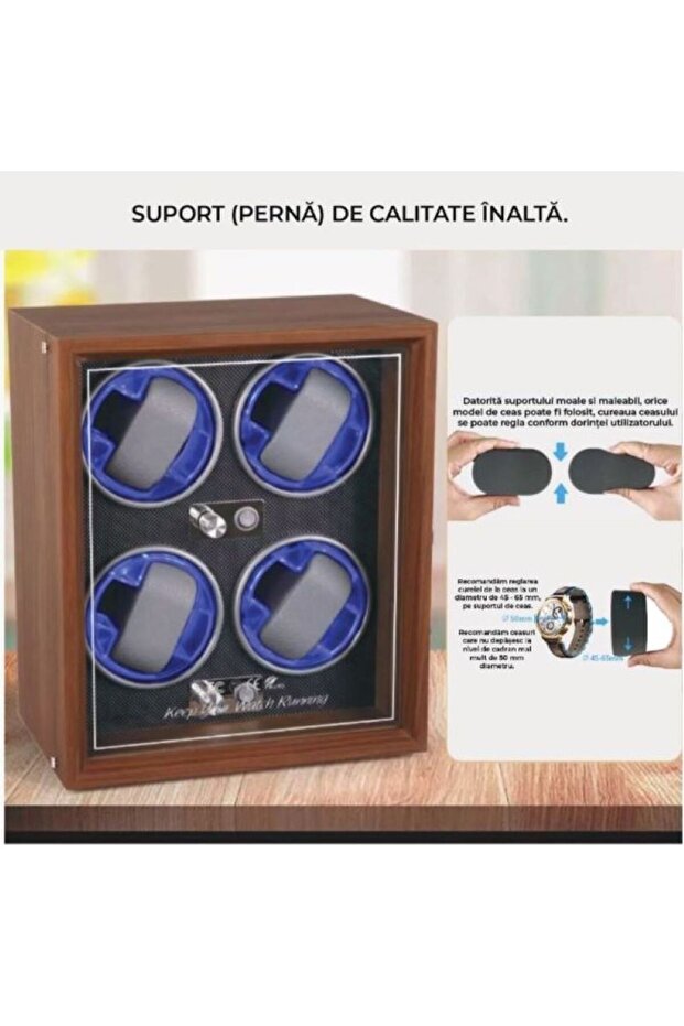 Automatic Watch Winder Box, 4 compartments, LED Lights, 5 modes, 4 rotation programs, Wood finish - 6