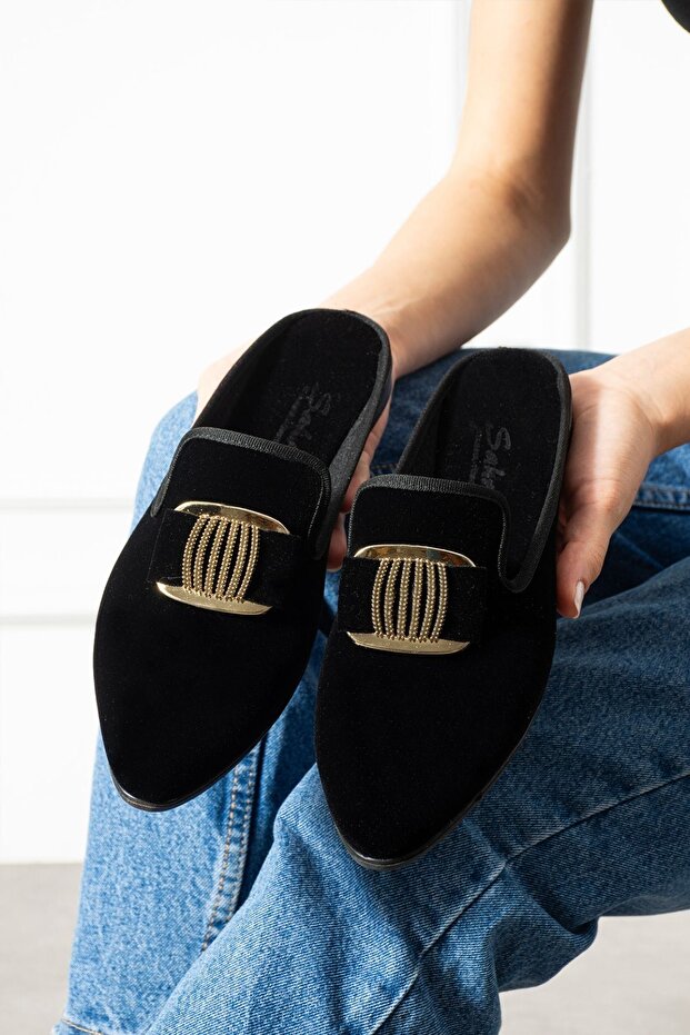 Minea Black Gold Buckle Velvet Textured Elegant Engagement Dowry Gift Guest House Slippers