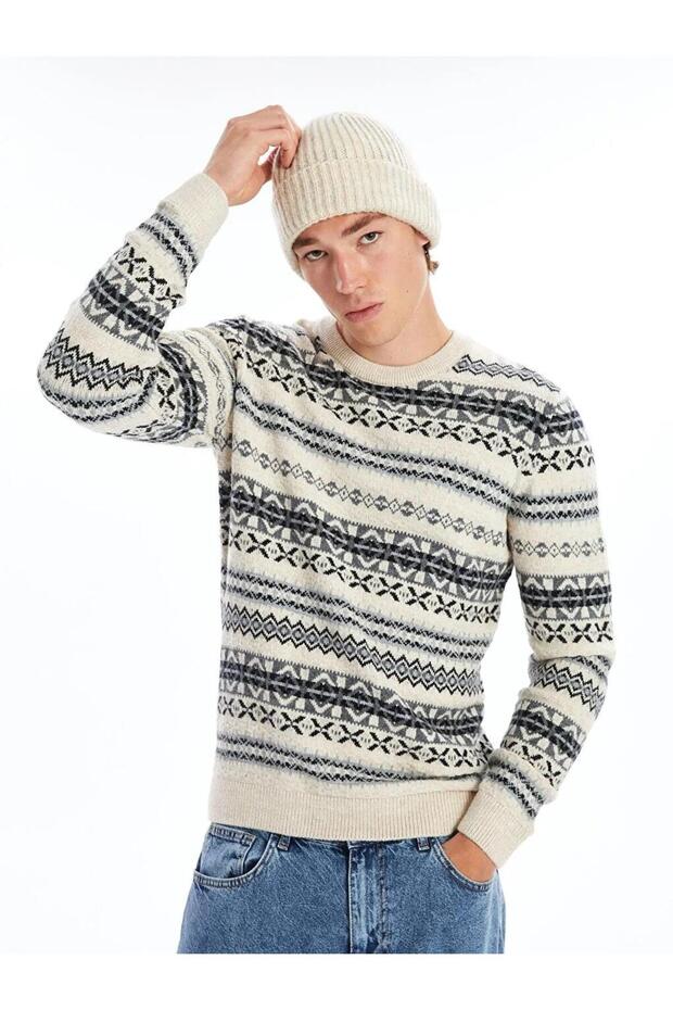 Crew Neck Long Sleeve Patterned Men's Knitwear Sweater (W5)
