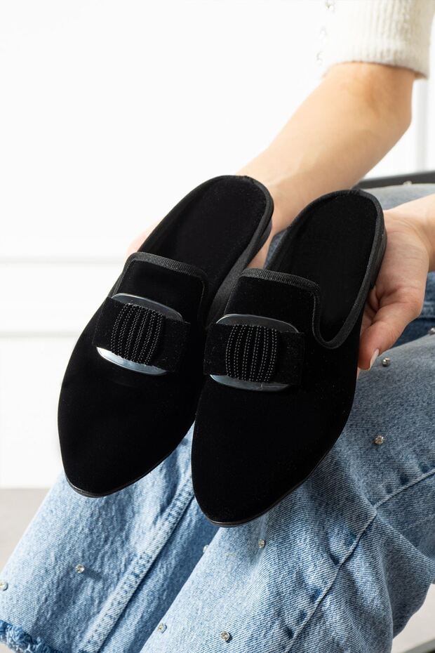 Minea Black Buckle Velvet Textured Elegant Engagement Dowry Bundle Guest House Slippers