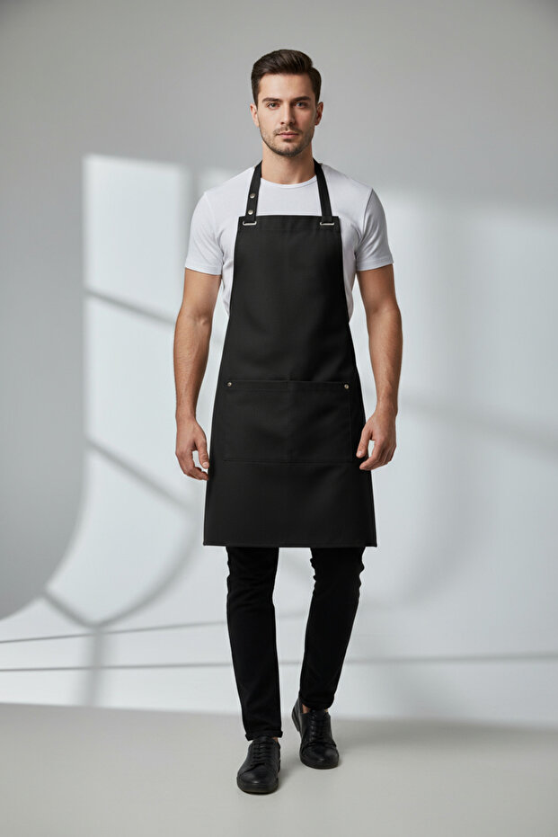 Black Unisex Gabardine Kitchen Apron – Chef Barista Apron with 2 Pockets and Adjustable Straps