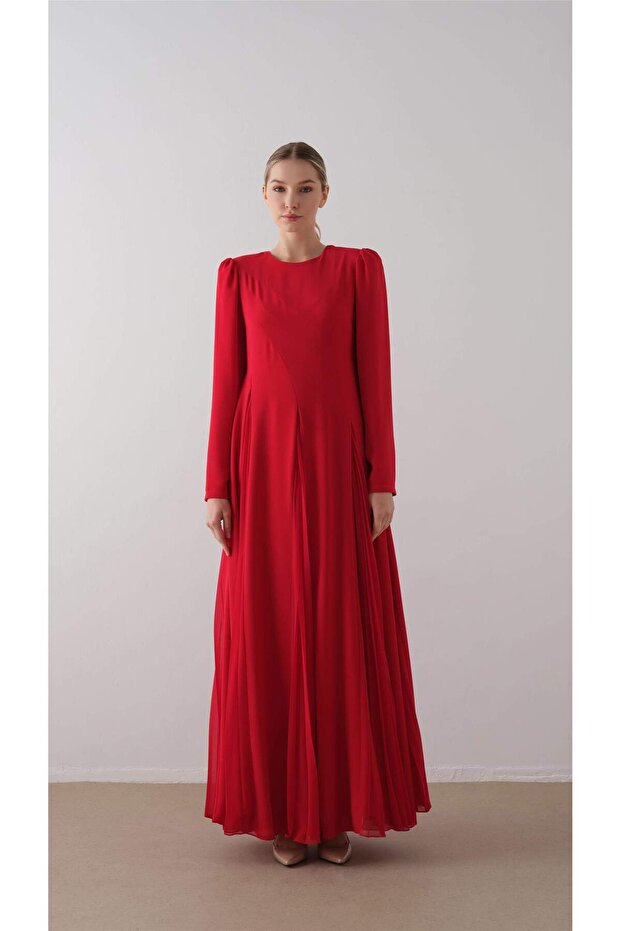 PARÇA PİLİSELİ KREP ŞİFON ELBİSE Kırmızı - 1