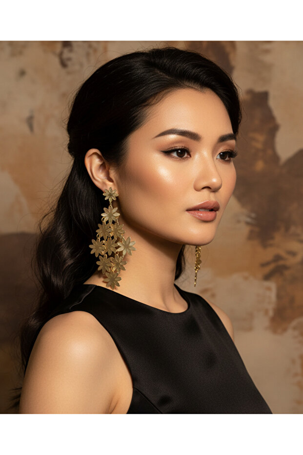 Gold Color Metal Multi Flower Figured Dangle Earrings (9 cm)