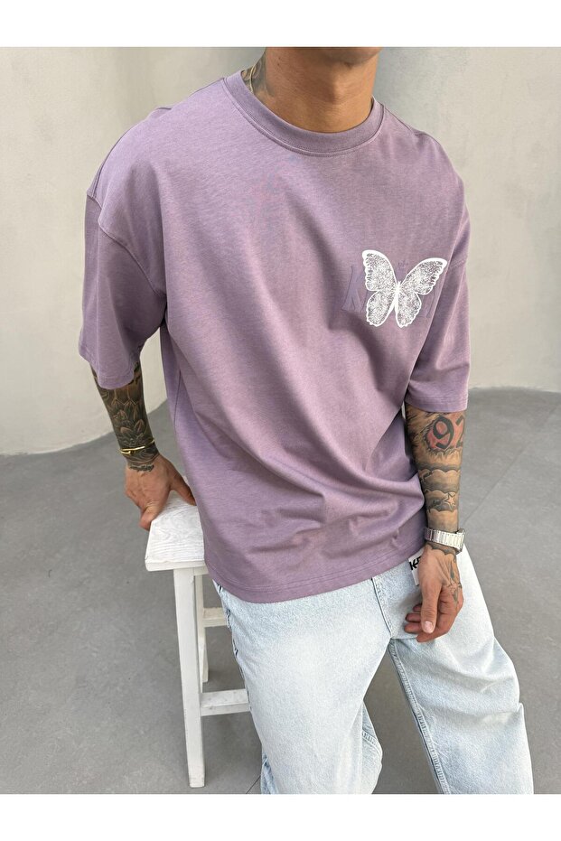Butterfly Printed Purple Oversized T-Shirt