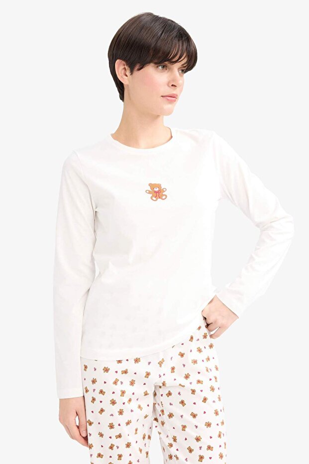 Pijama Takımı Regular Fit Baskılı Uzun Kollu Üst Desenli Uzun Alt-Fall in Love G3349AX25AU - 3