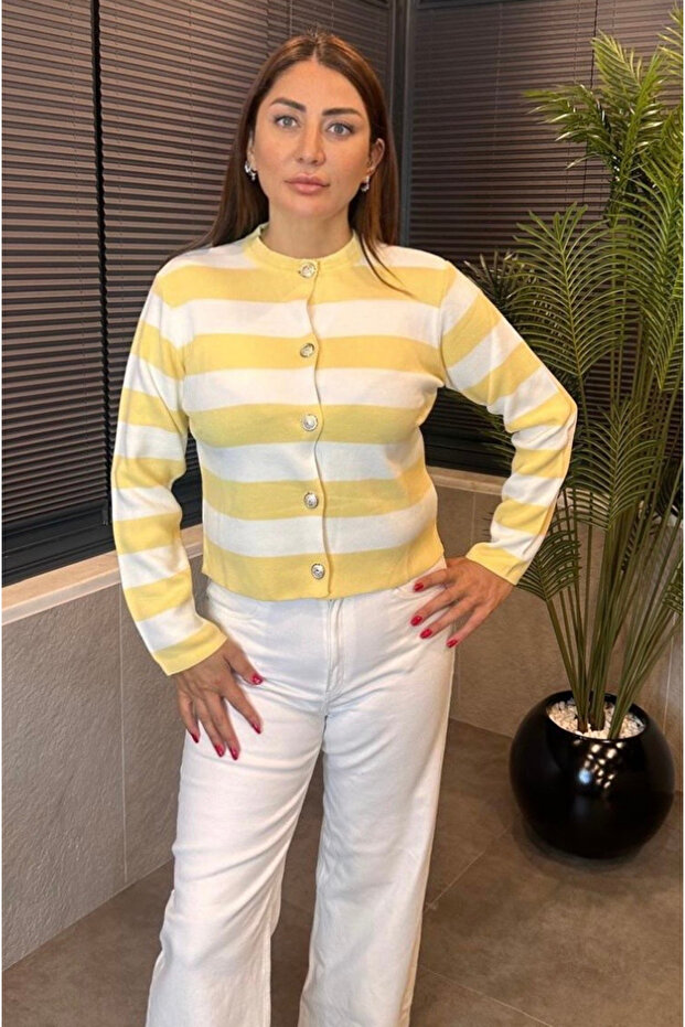 Yellow Cardigan with Stripe Detail and Silver Buttons