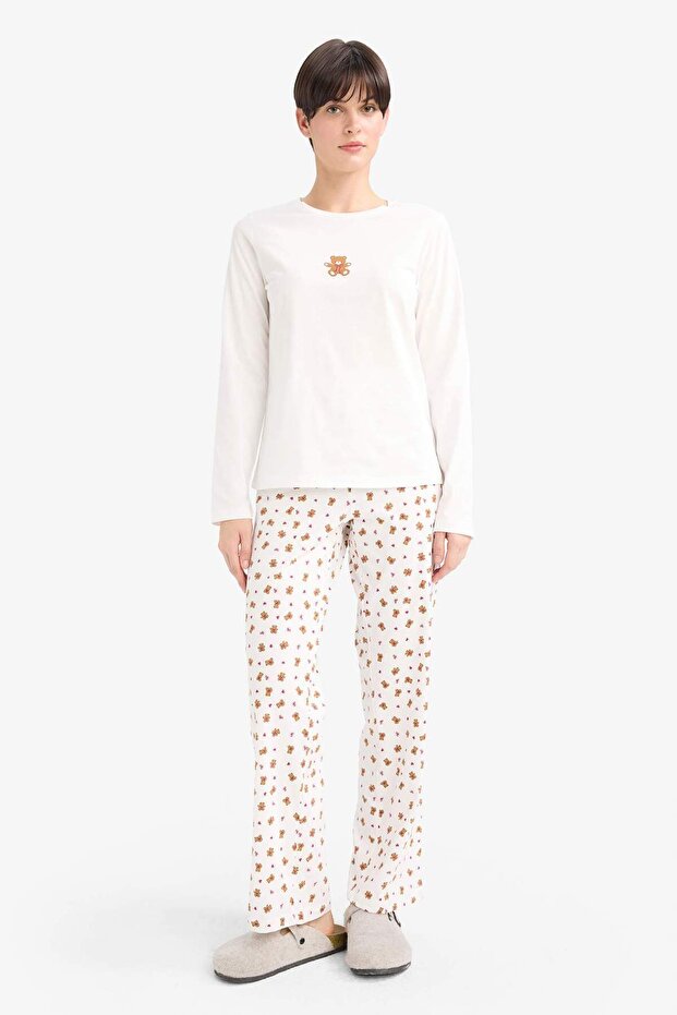 Pijama Takımı Regular Fit Baskılı Uzun Kollu Üst Desenli Uzun Alt-Fall in Love G3349AX25AU - 1