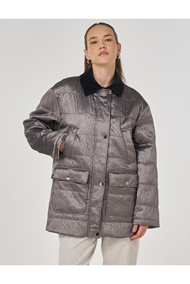 Kadife Yaka Detaylı Mont Gümüş - 1