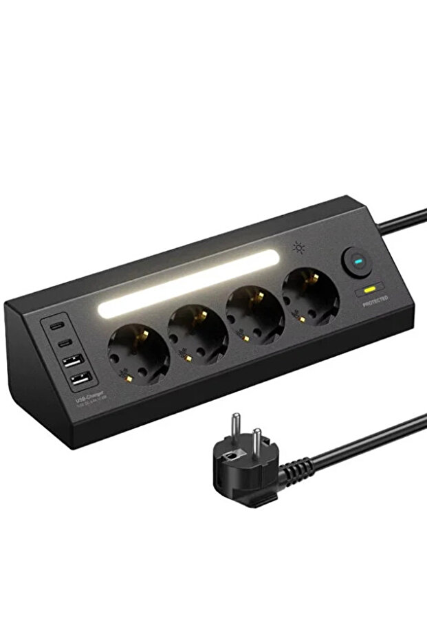 Lp764 Çoklu Gece Lambalı Priz Yüksek Gerilim Korumalı 4’lü Priz 2xusb 2xtype-c Çıkışlı Grup Priz Çoğ - 1