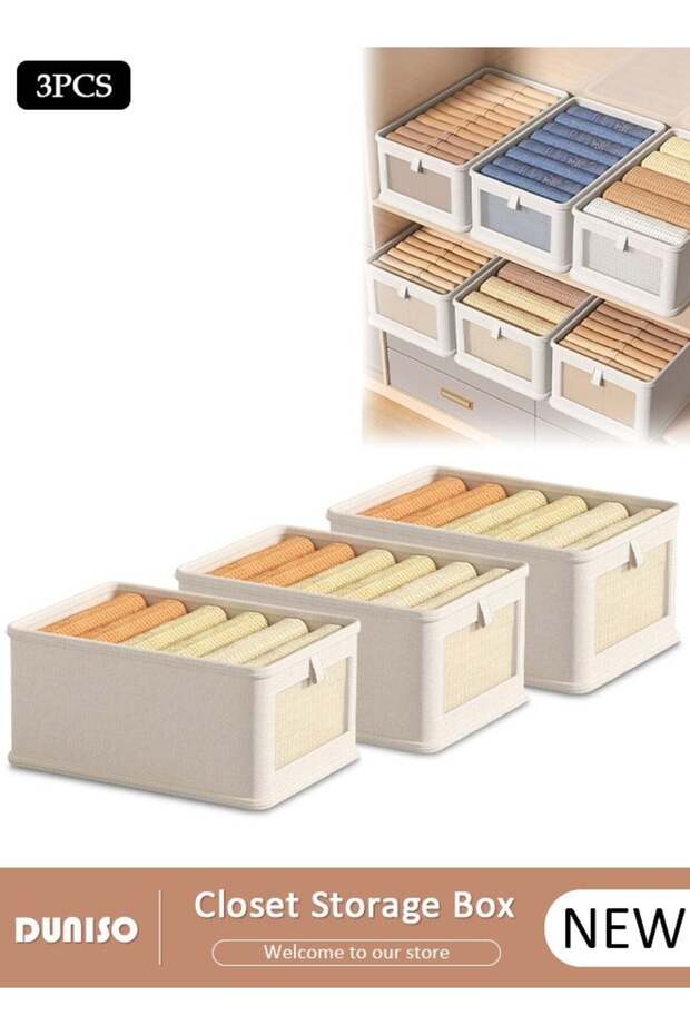 DUNISO 3-Piece Linen Storage Boxes - Large Foldable Fabric Baskets with Handles & Transparent Window - 1