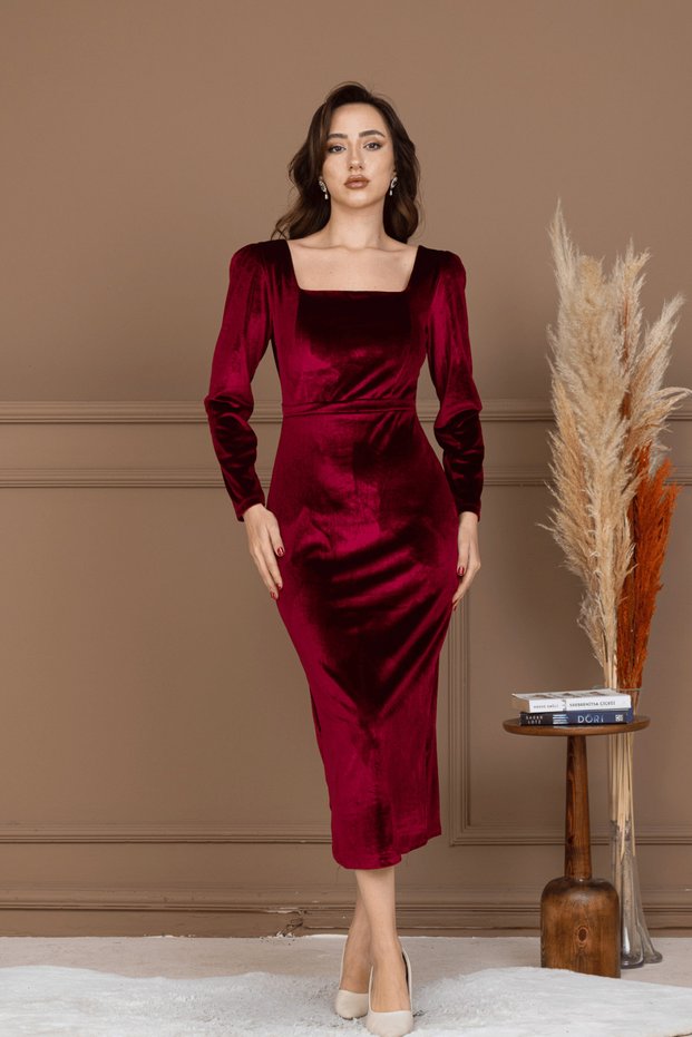 Velvet Square Neck Long Dress - Bordo