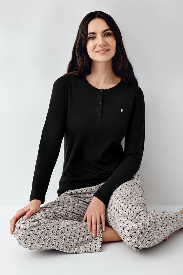 Women's Black Buttoned Long Sleeve Seasonal Pajama Set, 50% Cotton 50% Modal