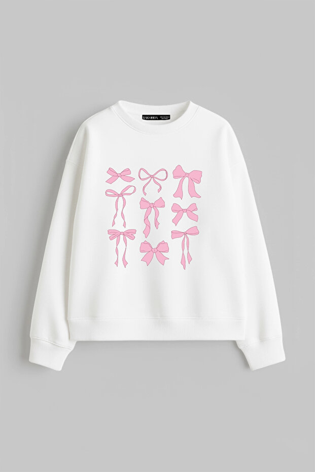 Cute Bow Printed Hoodless Relaxed Fit Women's White Sweatshirt
