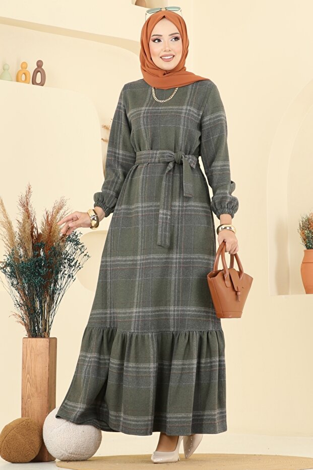 Manşeti Lastikli Ekose Elbise 9010S324-MS Haki - 1