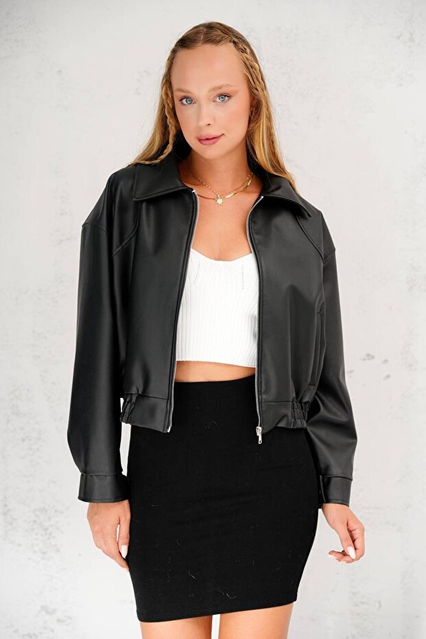 Trend Crop Basic Leather Jacket - 1