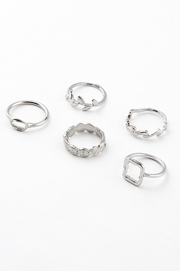 مجموعة خواتم مكونة من 5 قطع بأشكال مستطيلة وأوراق الشجر - 1