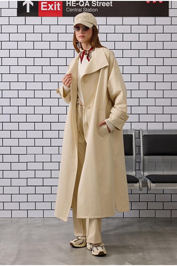 Funnel Uzun Trençkot Krem - 2