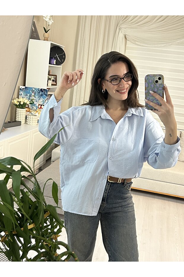Kadın Basic Mavi Gömlek - 1