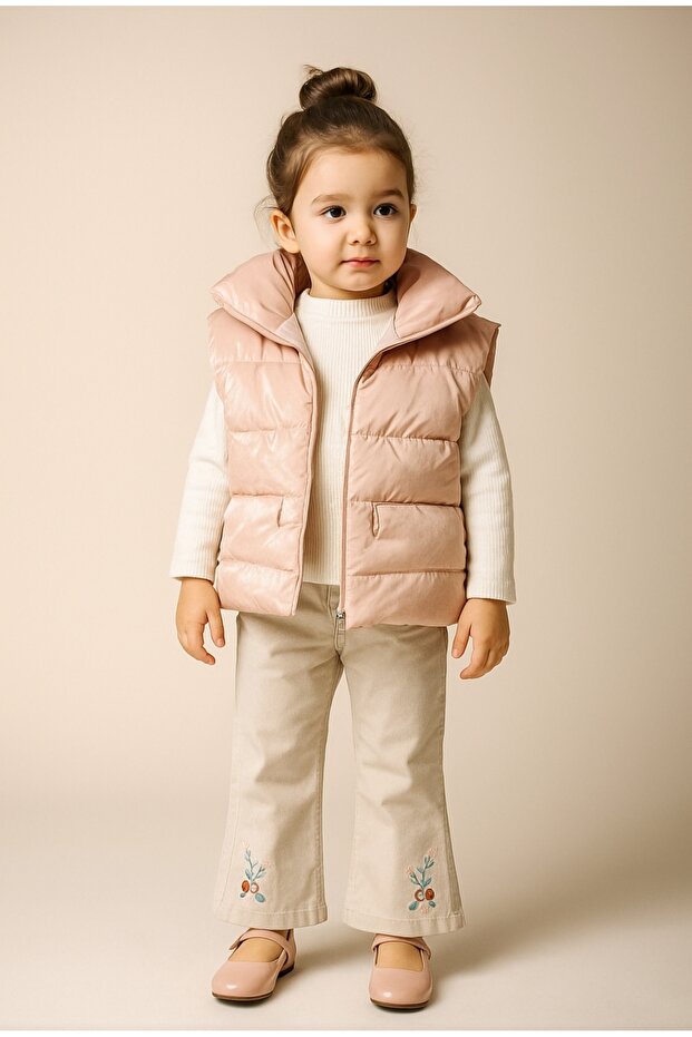Girl's Zipper Closure Puffer Vest Badi Blouse Sweater Embroidery Work Linen Pants Set