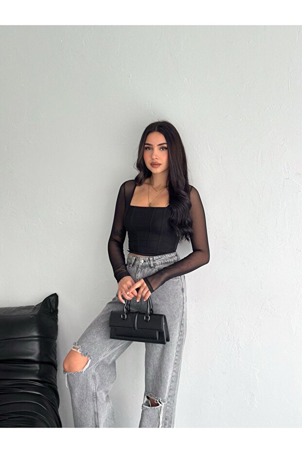 Square Neck Patterned Transparent Long Sleeve Blouse - 1