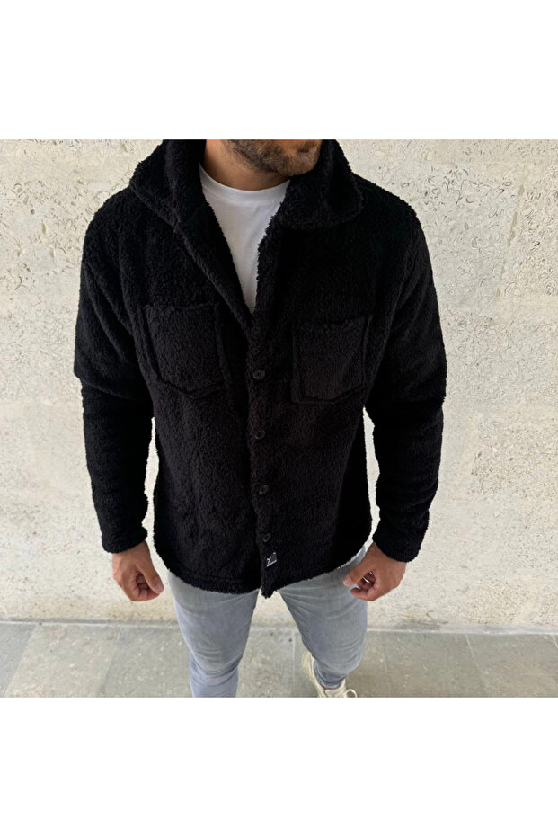 Men's Plush Fleece Cardigan Shirt – Collared, Buttoned, Chest Pocket, Soft D